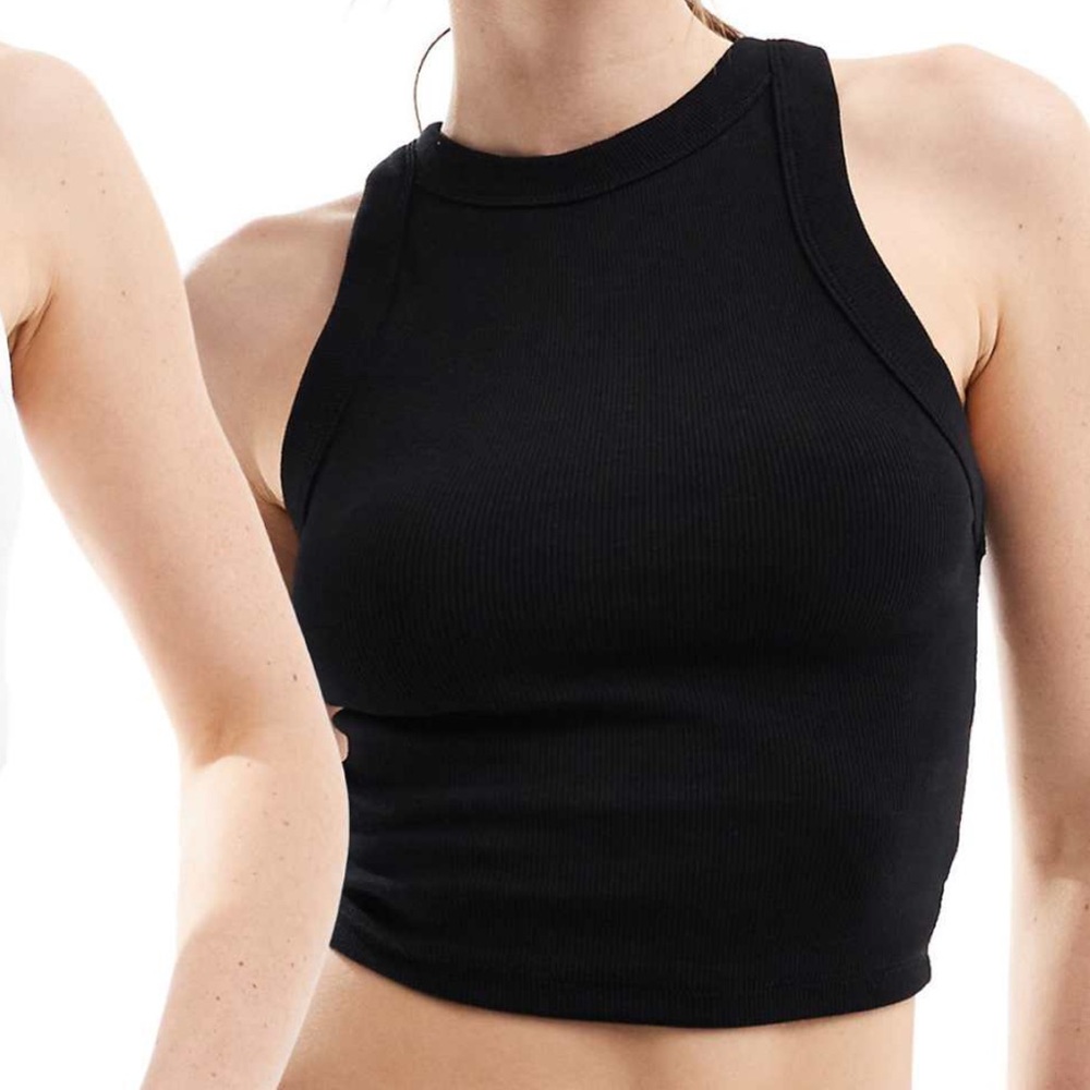 Bershka Women’s Ribbed Racer Neck Tank Top in Black